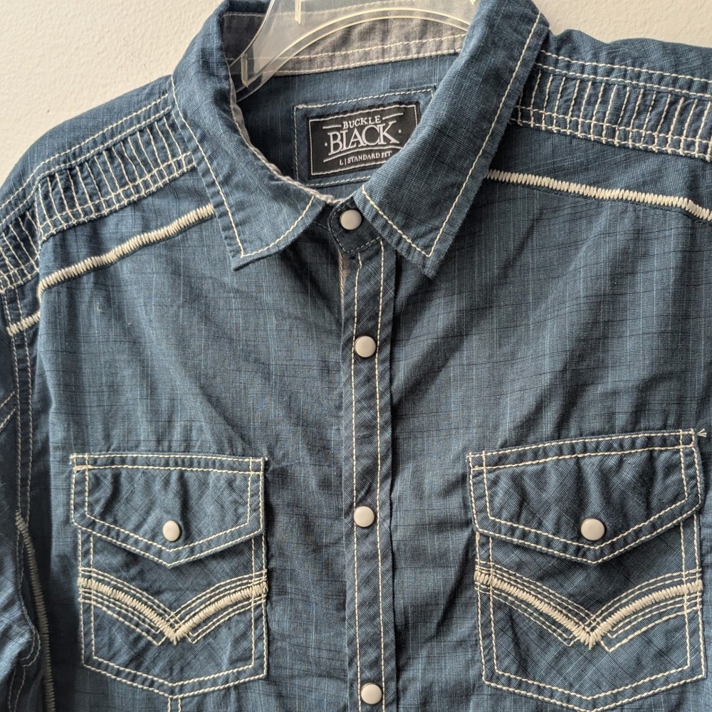 Buckle Black Button Down Shirt Blue Contrast Stitch Western Sz L Pearl Snap